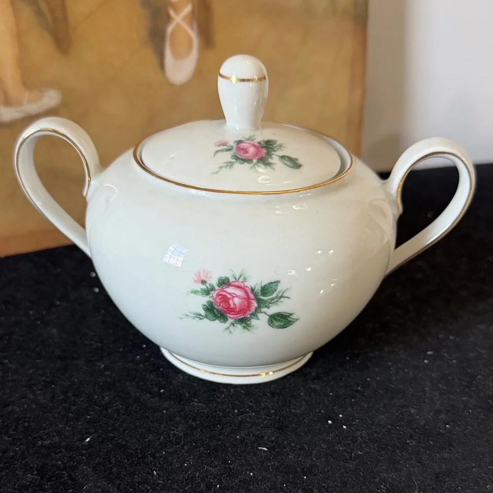 Vintage Royal Crown Germany Covered Sugar Bowl With Lid Pink Roses Gold Gild